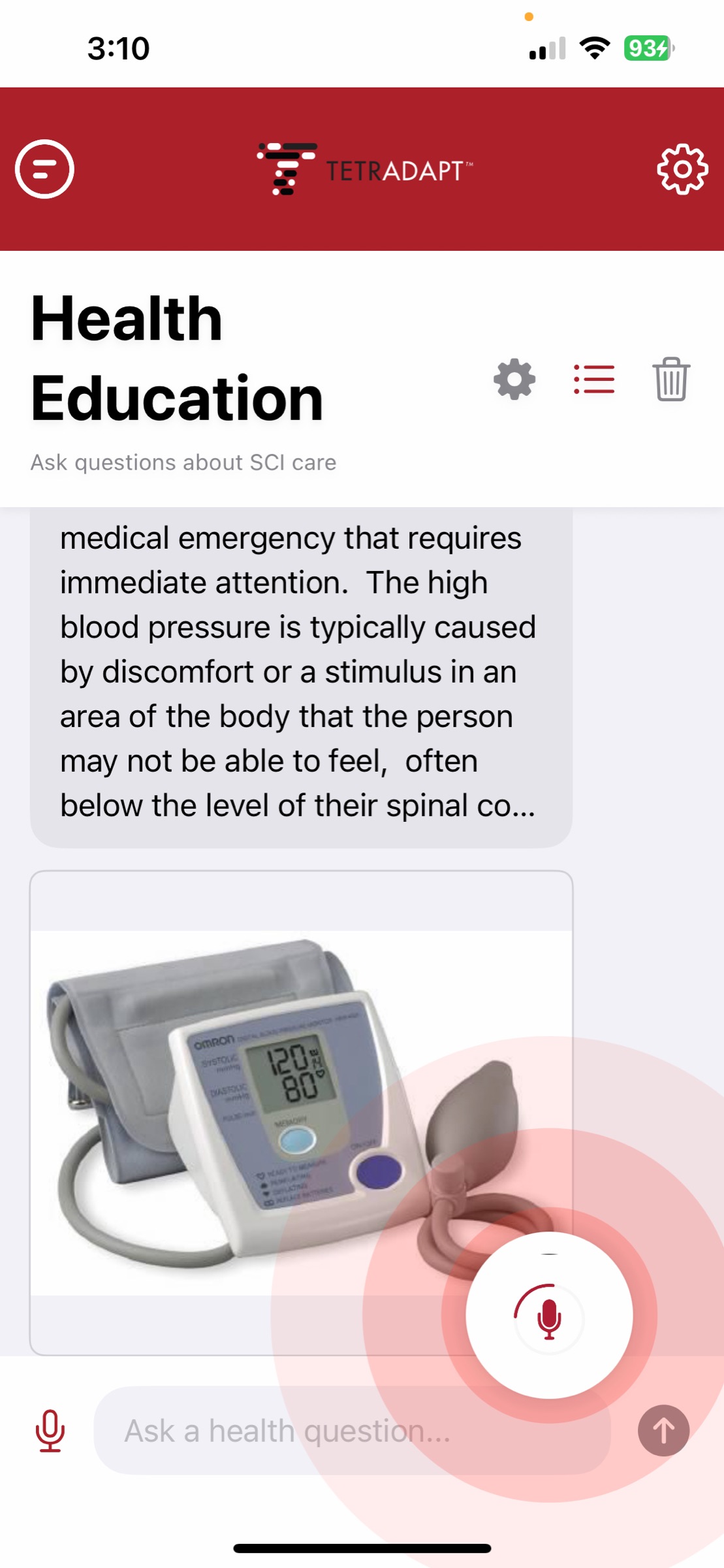 The SCI Education module in the Tetradapt app